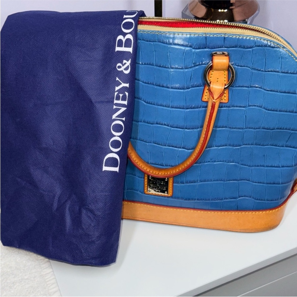 Dooney & Bourke Blue Croc-Embossed Satchel with Tan Trim - Picture 6 of 6